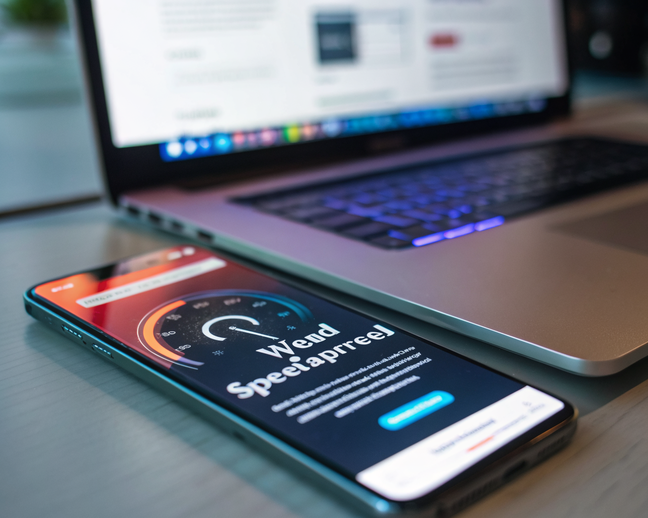 Smartphone moderno mostrando en su pantalla una web de WordPress optimizada y cargando rápidamente. El dispositivo iluminado con colores vibrantes se encuentra en el centro sobre un fondo de oficina tecnológica desenfocado, destacando un icono de velocímetro que simboliza velocidad y eficiencia.