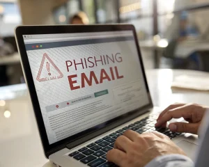 Primer plano de pantalla de computadora mostrando un correo electrónico de phishing con asunto resaltado y enlace sospechoso, fondo borroso de oficina y un pequeño icono de advertencia. La imagen enfatiza detalles de la pantalla y transmite sensación de riesgo.