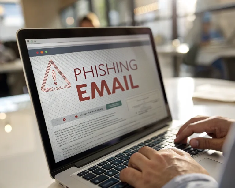 Primer plano de pantalla de computadora mostrando un correo electrónico de phishing con asunto resaltado y enlace sospechoso, fondo borroso de oficina y un pequeño icono de advertencia. La imagen enfatiza detalles de la pantalla y transmite sensación de riesgo.