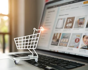 Icono de carrito de compras digital brillante en una interfaz moderna de tienda online, con productos y botones desenfocados al fondo y una flecha ascendente luminosa junto al carrito, representando aumento en conversiones.