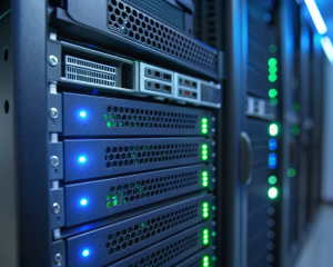 Rack de servidores SSD con indicadores LED encendidos, enfocado en sus detalles metálicos y un sutil destello de luz, en un centro de datos moderno con iluminación azul y fondo desenfocado.