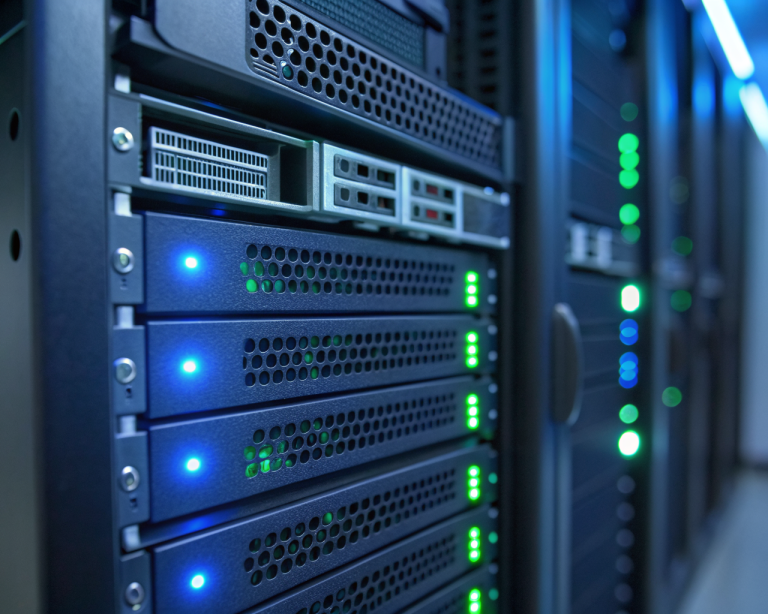Rack de servidores SSD con indicadores LED encendidos, enfocado en sus detalles metálicos y un sutil destello de luz, en un centro de datos moderno con iluminación azul y fondo desenfocado.