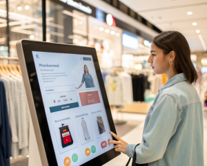 Interfaz de asistente virtual inteligente mostrando recomendaciones personalizadas de productos en una pantalla digital moderna, con una mano genérica acercándose y un fondo desenfocado. Reflejos y texturas digitales realzan la escena de compras en línea avanzada, sin personas identificables.