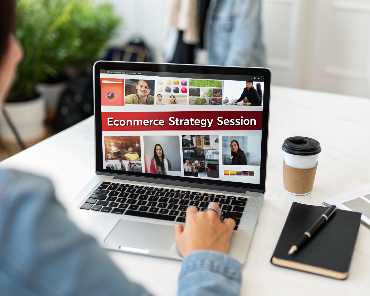 Portátil sobre escritorio limpio mostrando una tienda digital con imágenes de productos, descripciones detalladas y un botón de llamada a la acción resaltado, destacando la interfaz optimizada en un entorno de estrategia de comercio electrónico.