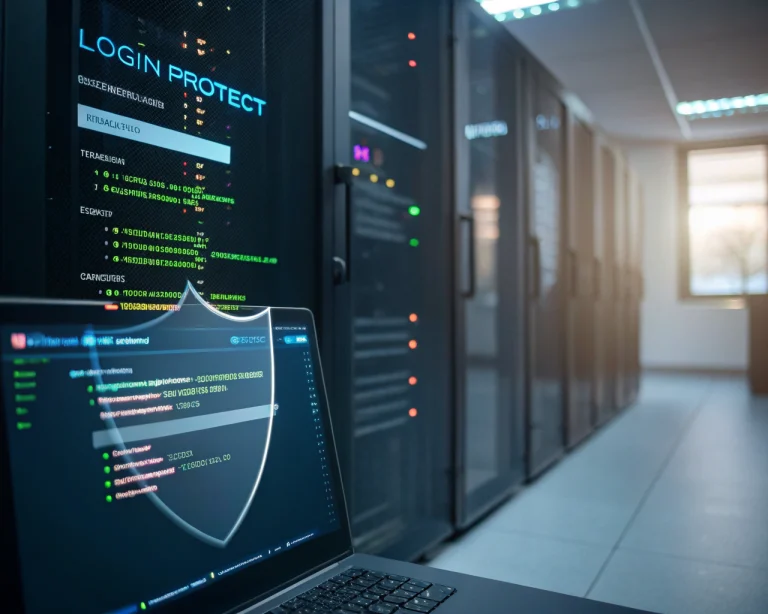 Formulario de inicio de sesión de una aplicación web con campos resaltados, rodeados por un escudo digital transparente y líneas de código SQL flotantes, sobre el fondo desenfocado de una sala de servidores oscura con monitores brillando suavemente.