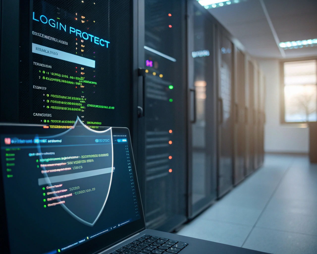 Formulario de inicio de sesión de una aplicación web con campos resaltados, rodeados por un escudo digital transparente y líneas de código SQL flotantes, sobre el fondo desenfocado de una sala de servidores oscura con monitores brillando suavemente.