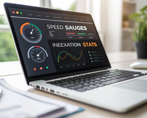 Primer plano de una pantalla de computadora que muestra un panel de control SEO en tiempo real con velocímetros, estadísticas de indexación y alertas en colores brillantes, en un escritorio moderno y luminoso sin personas.