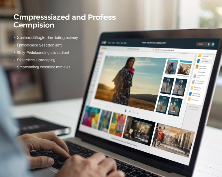 Foto de un producto digital de alta resolución siendo comprimido y optimizado en una interfaz web elegante, con colores vivos, sombras marcadas, barra de progreso visible y fondo desenfocado con miniaturas de tienda online; imagen enfocada en transmitir tecnología y eficiencia sin personas presentes.