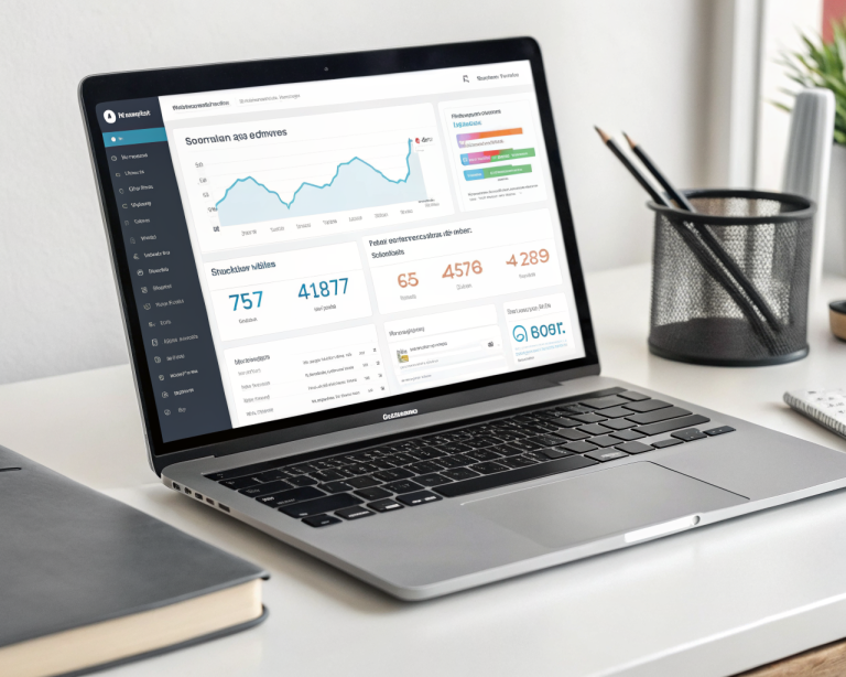 Laptop moderno en escritorio minimalista mostrando el panel de WordPress con análisis de rendimiento y métricas de Core Web Vitals, rodeado de elementos sencillos de oficina y con un brillo que resalta la optimización de la velocidad.