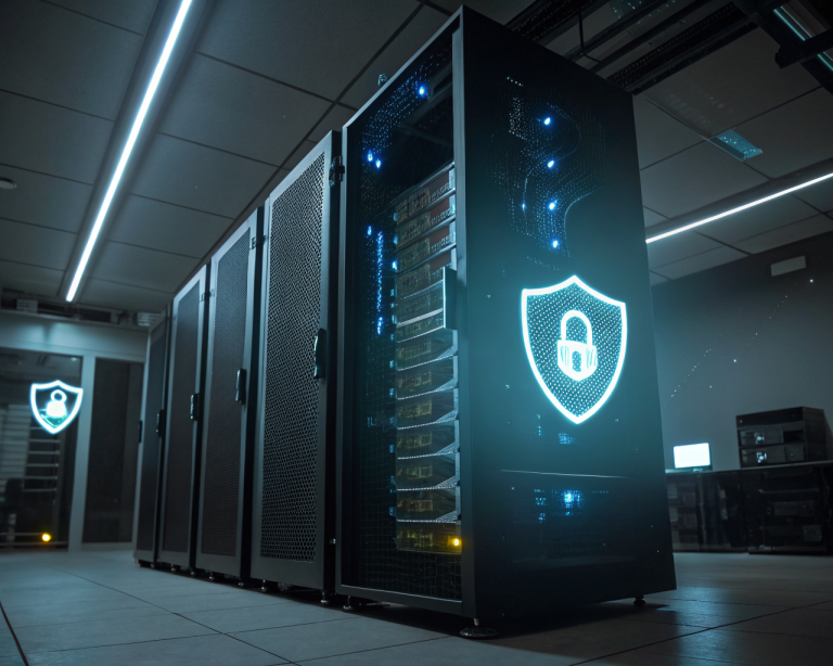 Servidor informático metálico y brillante rodeado de escudos digitales luminosos, con flujos de datos seguros y símbolo de candado en los escudos, todo en un entorno oscuro y tecnológico.