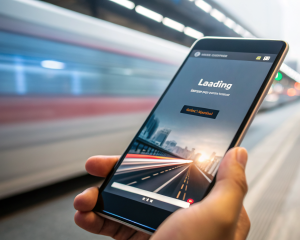 Primer plano cinematográfico de un smartphone moderno cargando una página web rápidamente, con la barra de progreso casi completa sobre un fondo desenfocado y minimalista de tonos vivos, representando velocidad y tecnología avanzada.