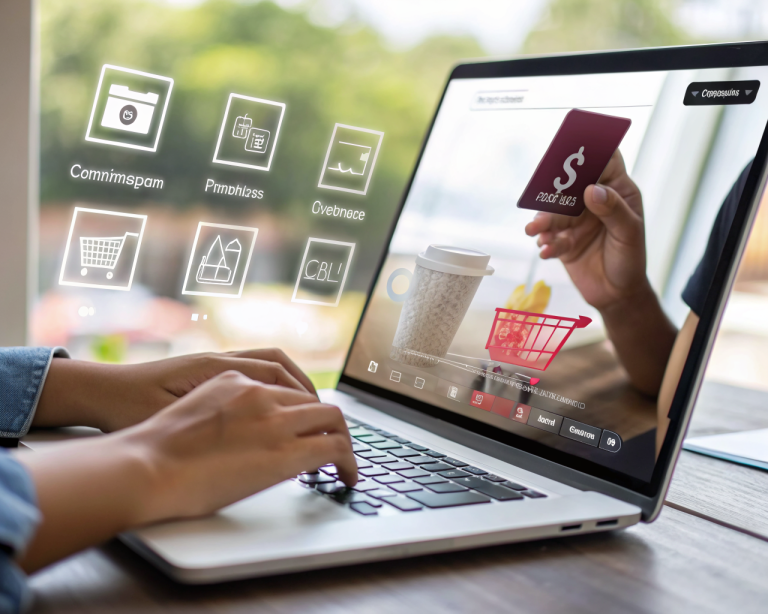 Foto cinematográfica de una pantalla de computadora donde una imagen de producto para e-commerce está siendo optimizada y comprimida en una interfaz digital, con iconos de reducir tamaño de archivo y aumentar nitidez, resaltando la diferencia entre la imagen optimizada y la original, sobre un fondo moderno y desenfocado.