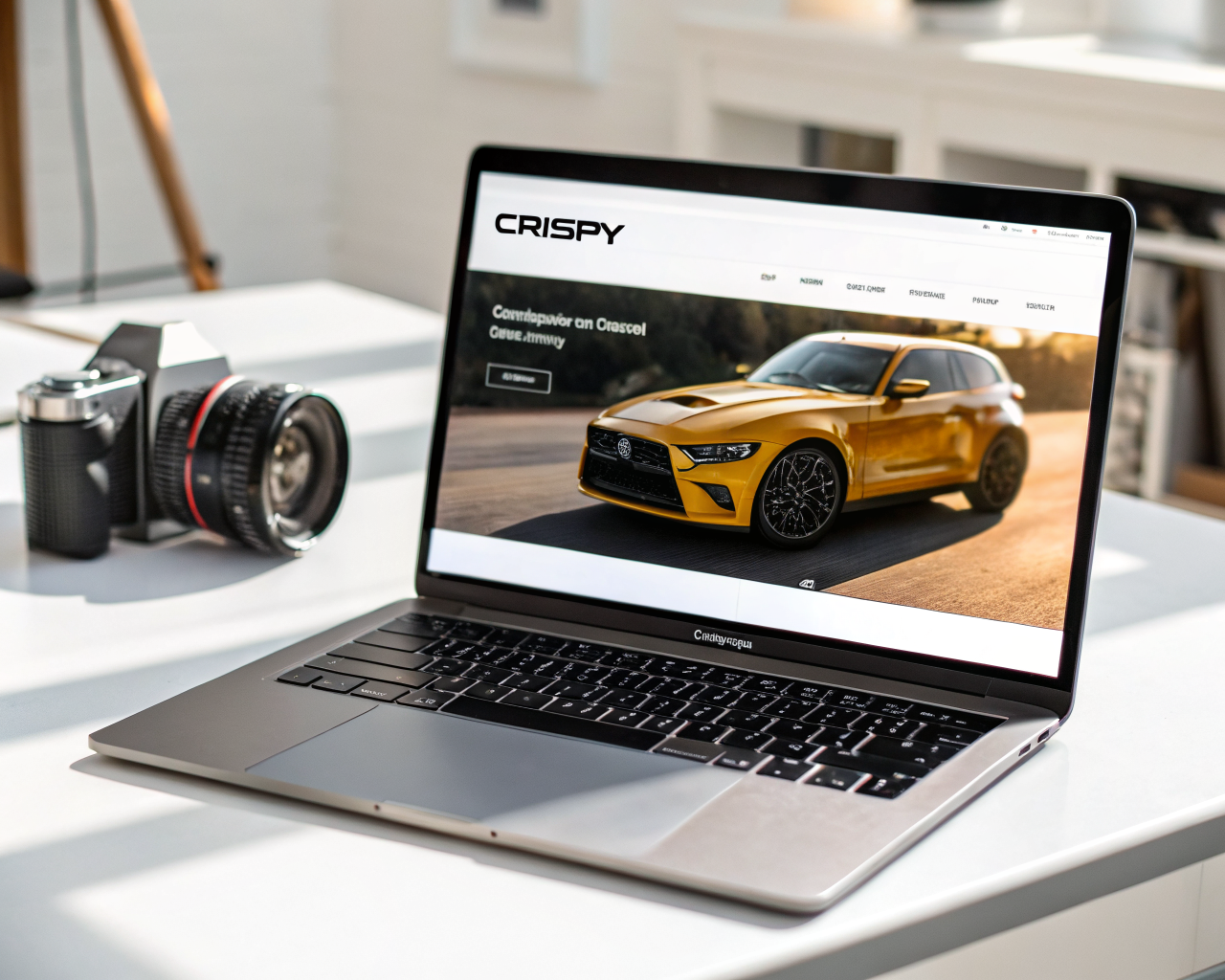 Laptop moderna sobre escritorio minimalista mostrando una imagen de producto brillante y nítida en un sitio de ecommerce; el fondo está desenfocado y la pantalla destaca por su claridad y colores vivos.