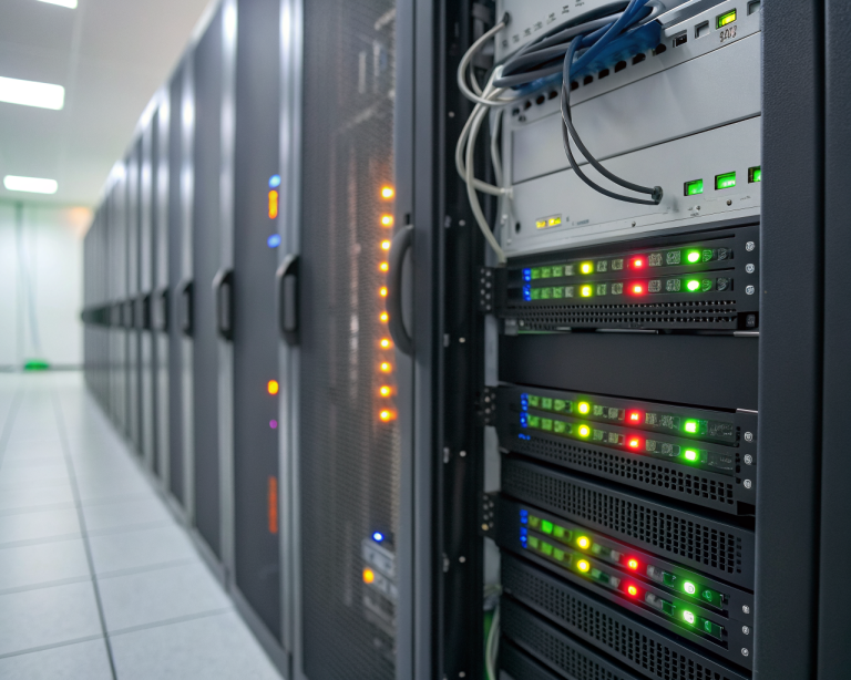 Rack de servidores web negro con luces LED brillantes y cables organizados en una sala de servidores moderna, con fondo desenfocado y pantalla digital mostrando velocidad.