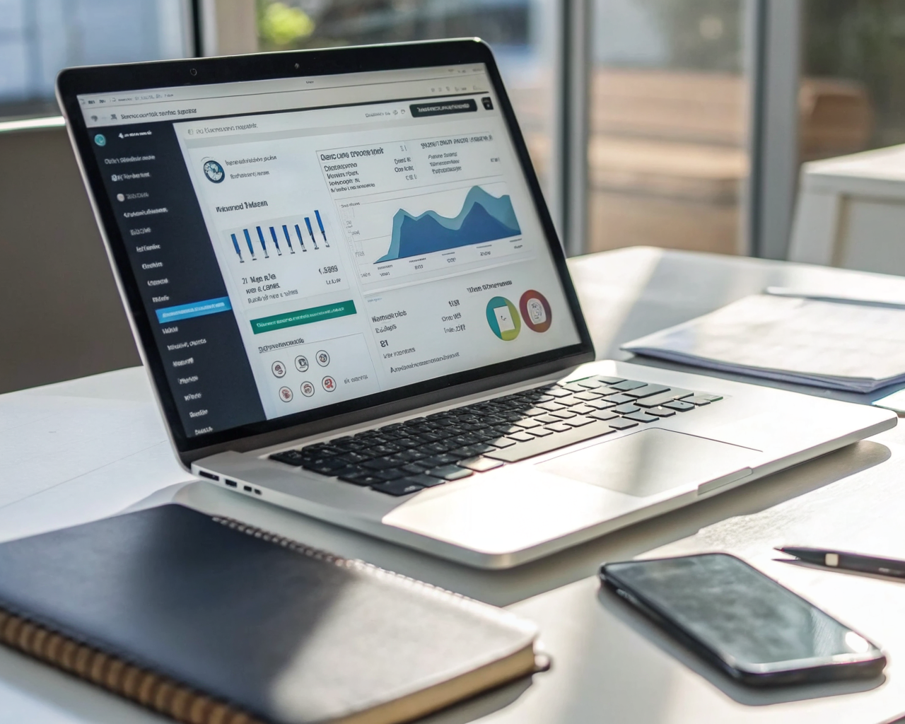 Portátil moderno sobre un escritorio minimalista con la pantalla mostrando el panel de WordPress y plugins de SEO activos, acompañado de blocs de notas y un smartphone, en una oficina profesional. No hay personas visibles, solo elementos que representan la optimización SEO.
