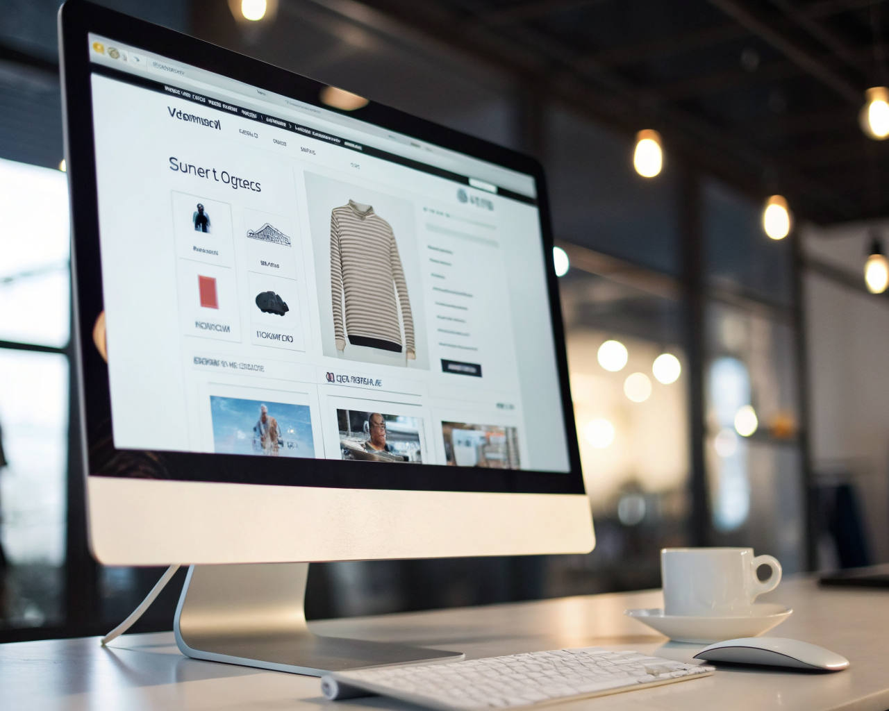 Pantalla de ordenador con la interfaz organizada de una tienda WooCommerce, mostrando menús claros, imágenes de productos y botones destacados, dentro de un escritorio moderno y suavemente iluminado con el fondo desenfocado.