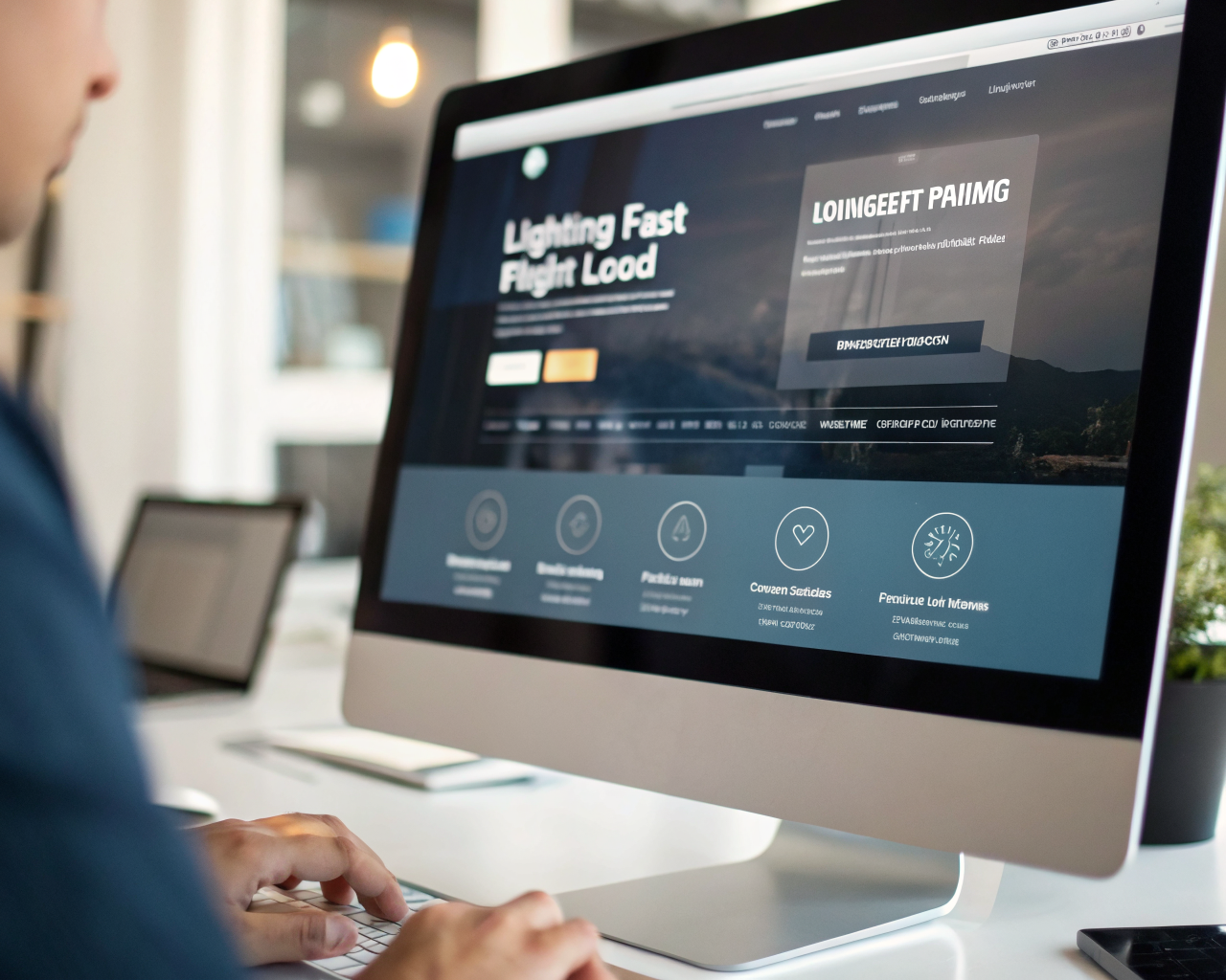 Primer plano de un monitor mostrando la página de inicio de un sitio web moderno y optimizado, con indicadores de carga rápida, pocos iconos de plugins y archivos de imagen livianos flotando sobre una interfaz limpia, ambientado en una oficina desenfocada.