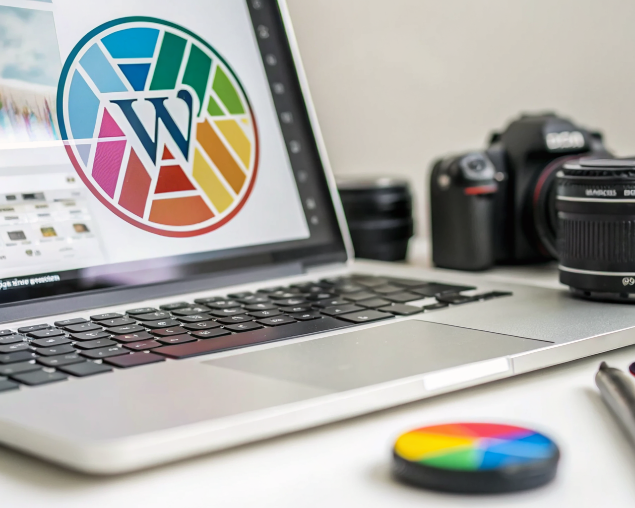 Icono ampliado de archivo WebP, con bordes definidos y píxeles visibles, centrado en un fondo digital colorido y moderno, con el logo de WordPress sutilmente desenfocado en el fondo.