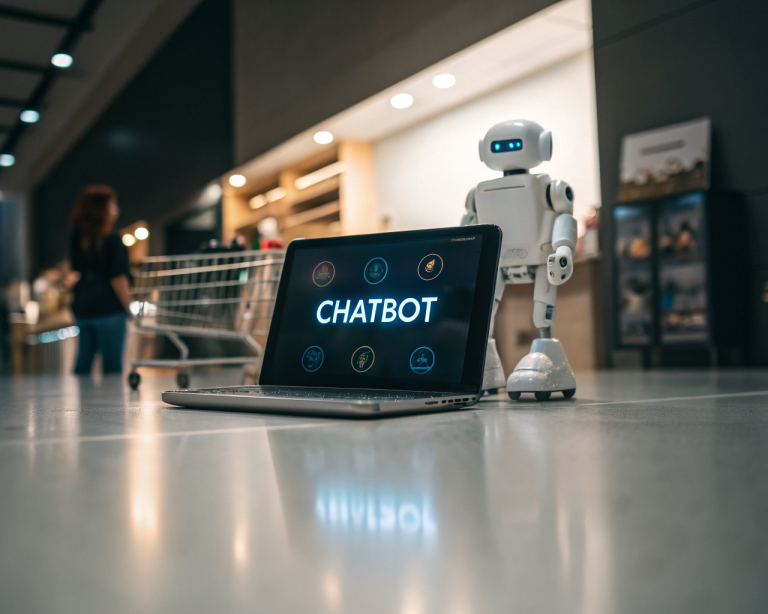 Interfaz chatbot futurista y brillante centrada en la pantalla de un dispositivo digital, con un fondo desenfocado de tienda en línea mostrando iconos suaves de carritos de compras y productos. El chatbot destaca por detalles como burbujas de mensajes y superficies luminosas, transmitiendo una interacción inteligente y útil.