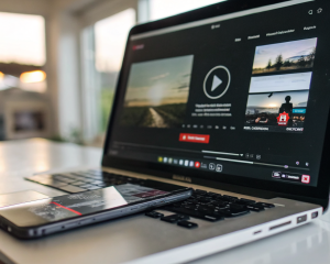 Interfaz de reproductor de video HD ocupando el centro de la pantalla en un dispositivo digital moderno, con manos genéricas a punto de presionar el botón de reproducir. El fondo muestra desenfocadas miniaturas de productos y gráficos de un tablero de ecommerce minimalista.