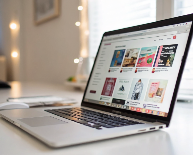 Laptop sobre un escritorio limpio mostrando un sitio web de comercio electrónico con productos vibrantes y categorías organizadas. La pantalla tiene detalles nítidos y el teclado aparece ligeramente borroso en primer plano. Reflejo sutil de una flecha luminosa ascendente en la pantalla simbolizando crecimiento. Entorno minimalista y bien iluminado con posible presencia de personas genéricas y no identificables.