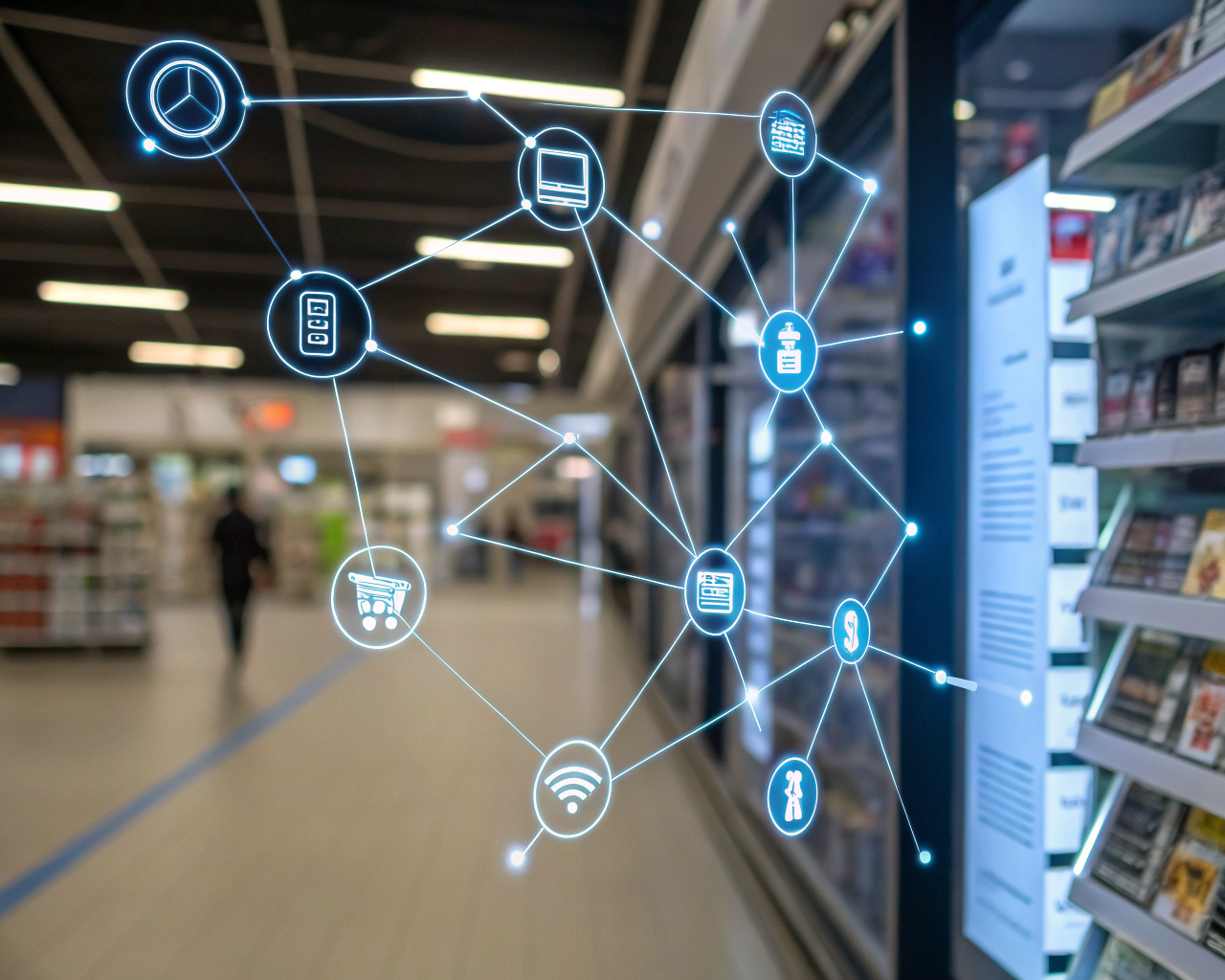 Red de enlaces digitales brillantes en una interfaz de tienda virtual, conectando iconos y categorías sobre un fondo desenfocado y minimalista, ilustrando flujo y organización en la navegación web.