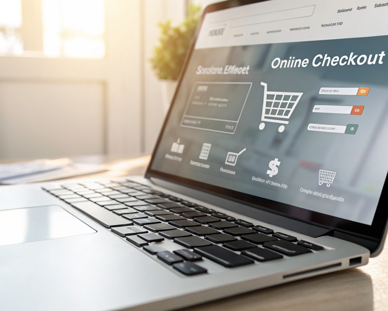 Portátil elegante sobre un escritorio ordenado mostrando la página de pago de una tienda online con opciones de pago destacadas y una interfaz digital clara y fácil de usar. El enfoque está en la pantalla y teclado detallados, con fondo desenfocado e iluminación suave. Una flecha luminosa apunta hacia arriba, simbolizando mayores conversiones.