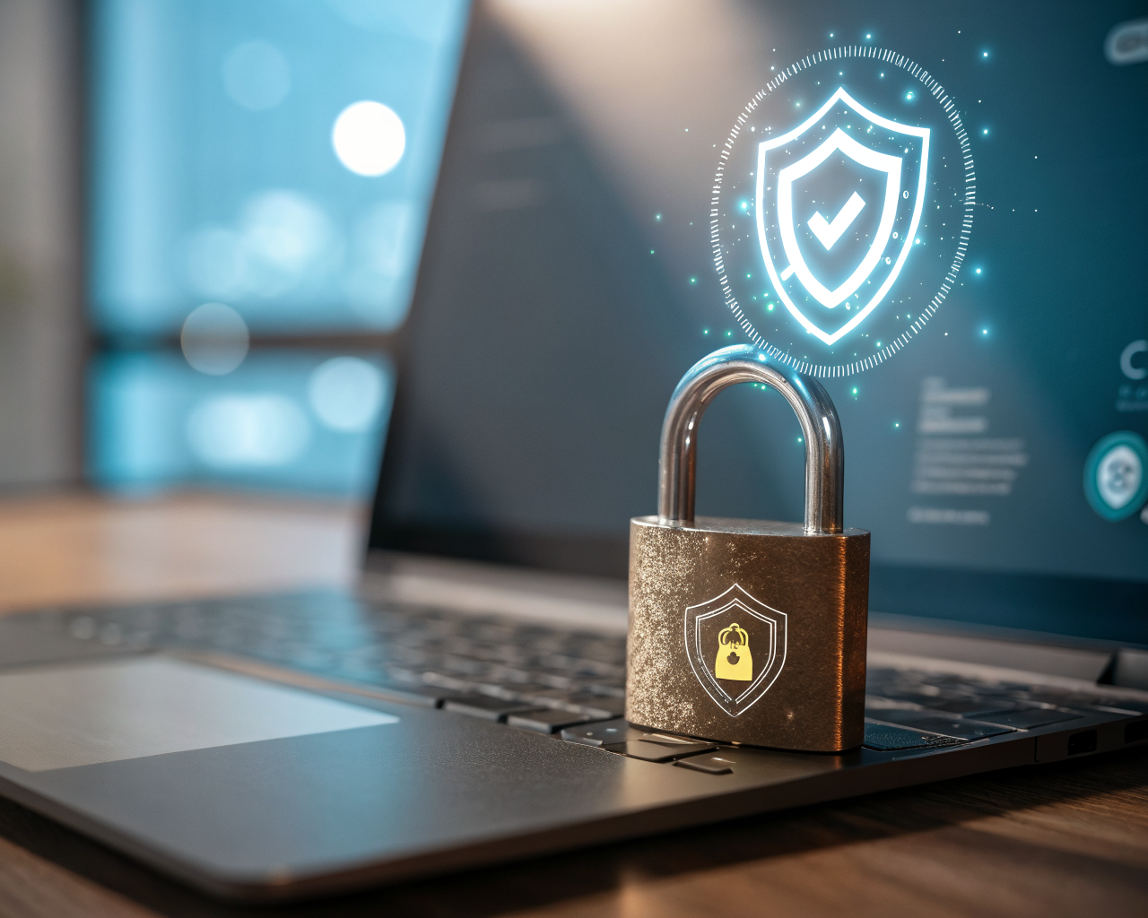 Certificado SSL luminoso flotando sobre un candado metálico, ambos con texturas detalladas de metal y vidrio, frente a un fondo borroso de panel digital moderno; un escudo sutil se ve detrás del candado, representando seguridad y confianza en línea.