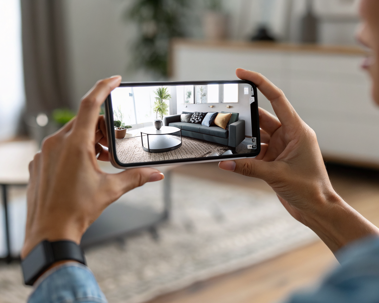 Primer plano de un teléfono moderno sostenido por manos, mostrando en la pantalla una vista de realidad aumentada con un sofá virtual superpuesto sobre una sala real desenfocada en el fondo.