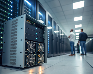 Servidor de alto rendimiento con discos SSD y ventiladores iluminados en el centro de un centro de datos moderno, enfocado en primer plano y rodeado de bastidores desenfocados, destacando eficiencia y tecnología avanzada.