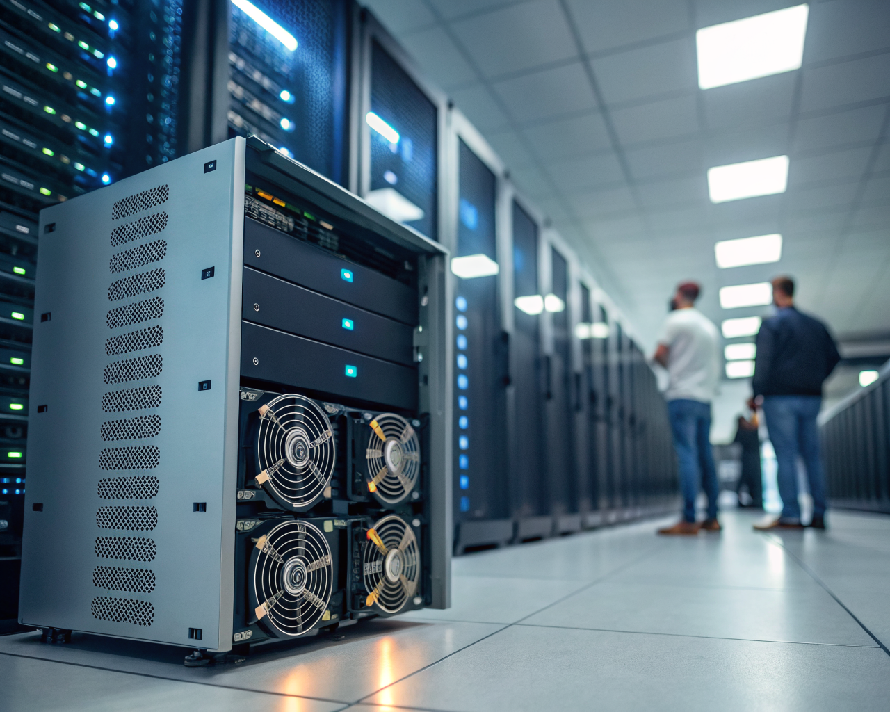 Servidor de alto rendimiento con discos SSD y ventiladores iluminados en el centro de un centro de datos moderno, enfocado en primer plano y rodeado de bastidores desenfocados, destacando eficiencia y tecnología avanzada.
