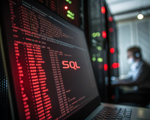 Pantalla de computadora en primer plano con código SQL resaltado en rojo. Fondo borroso de un cuarto de servidores oscuros y modernos. Un pequeño candado roto se muestra en la esquina de la pantalla, simbolizando una vulnerabilidad de seguridad.