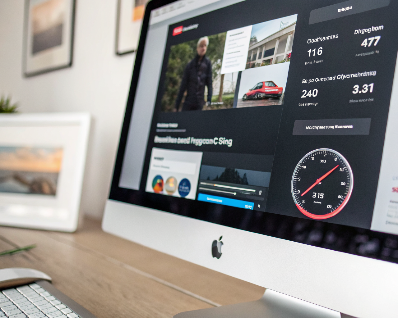 Interfaz digital de un plugin para comprimir imágenes mostrada en un monitor de ordenador. Destacan los controles para tamaño y formato de imagen, con un interruptor de conversión a WebP y ajustes de compresión. Un icono de velocímetro simboliza mayor velocidad web. Al fondo, levemente desenfocadas, se ven imágenes de productos de ecommerce. El diseño es moderno, eficiente y fácil de usar, con colores vivos y fondo minimalista.