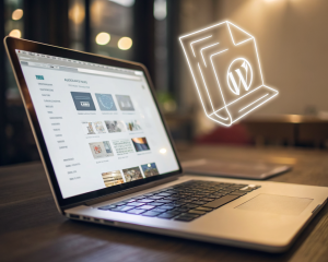 Foto simbólica de un archivo de imagen comprimido y translúcido flotando sobre una laptop con el panel de WordPress, rodeado de íconos borrosos de JPG, PNG y WebP sobre un fondo desenfocado y una atmósfera iluminada que resalta la optimización digital.