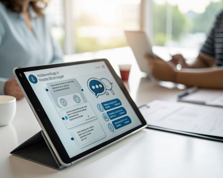 Primer plano de una tableta mostrando la interfaz de un chatbot inteligente con iconos y burbujas de chat. El dispositivo se encuentra en un espacio de trabajo moderno y minimalista, iluminado suavemente. El fondo está desenfocado para centrar la atención en la pantalla brillante y detallada de la tableta. Las manos en la imagen no son identificables.