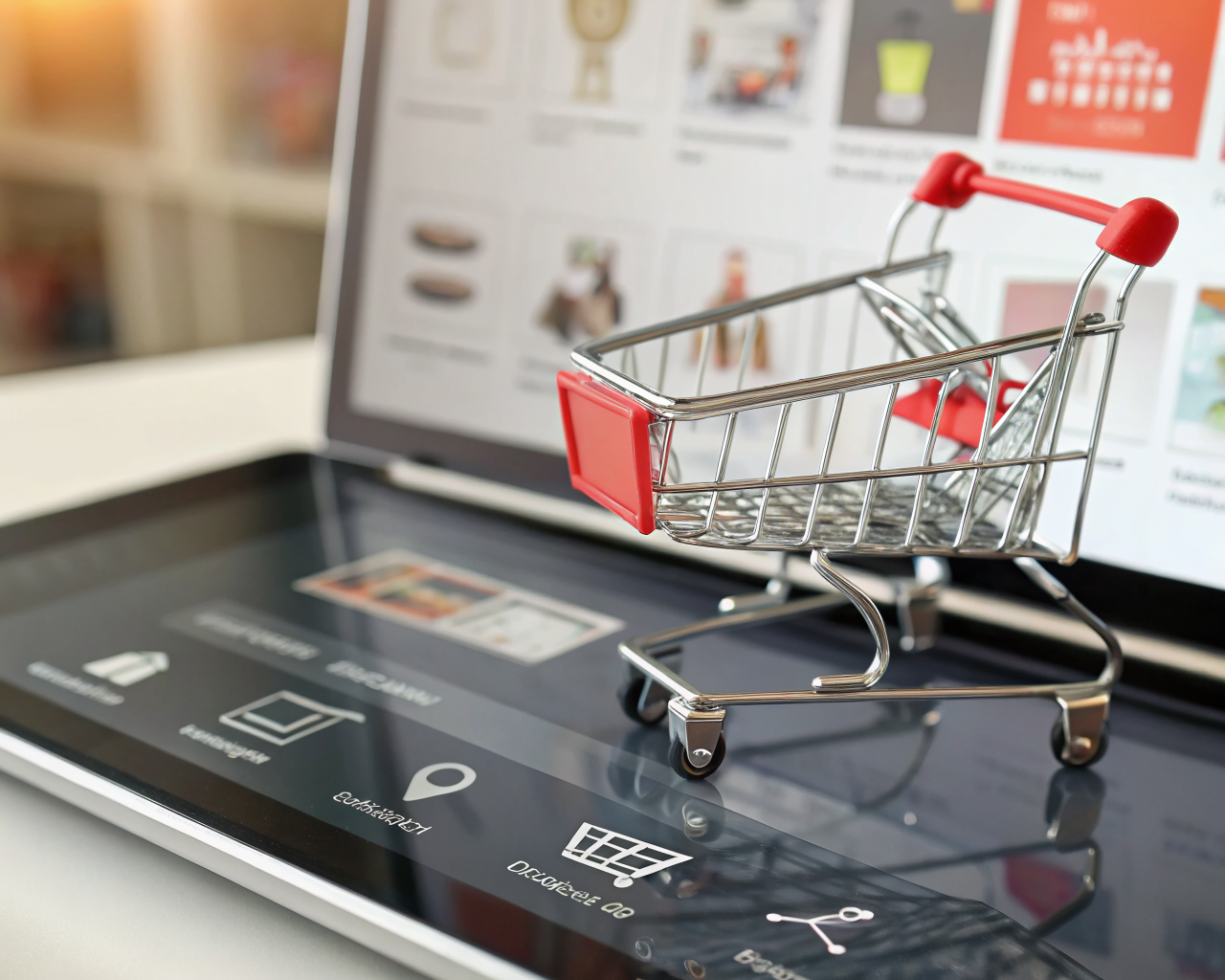 Primer plano de la interfaz de un carrito de compras digital en un dispositivo moderno, con botones destacados para agregar productos y un área de pago simplificada. Al fondo, miniaturas de productos desenfocadas y un icono de reloj de arena en la pantalla, sugiriendo facilidad y rapidez en la experiencia de compra.