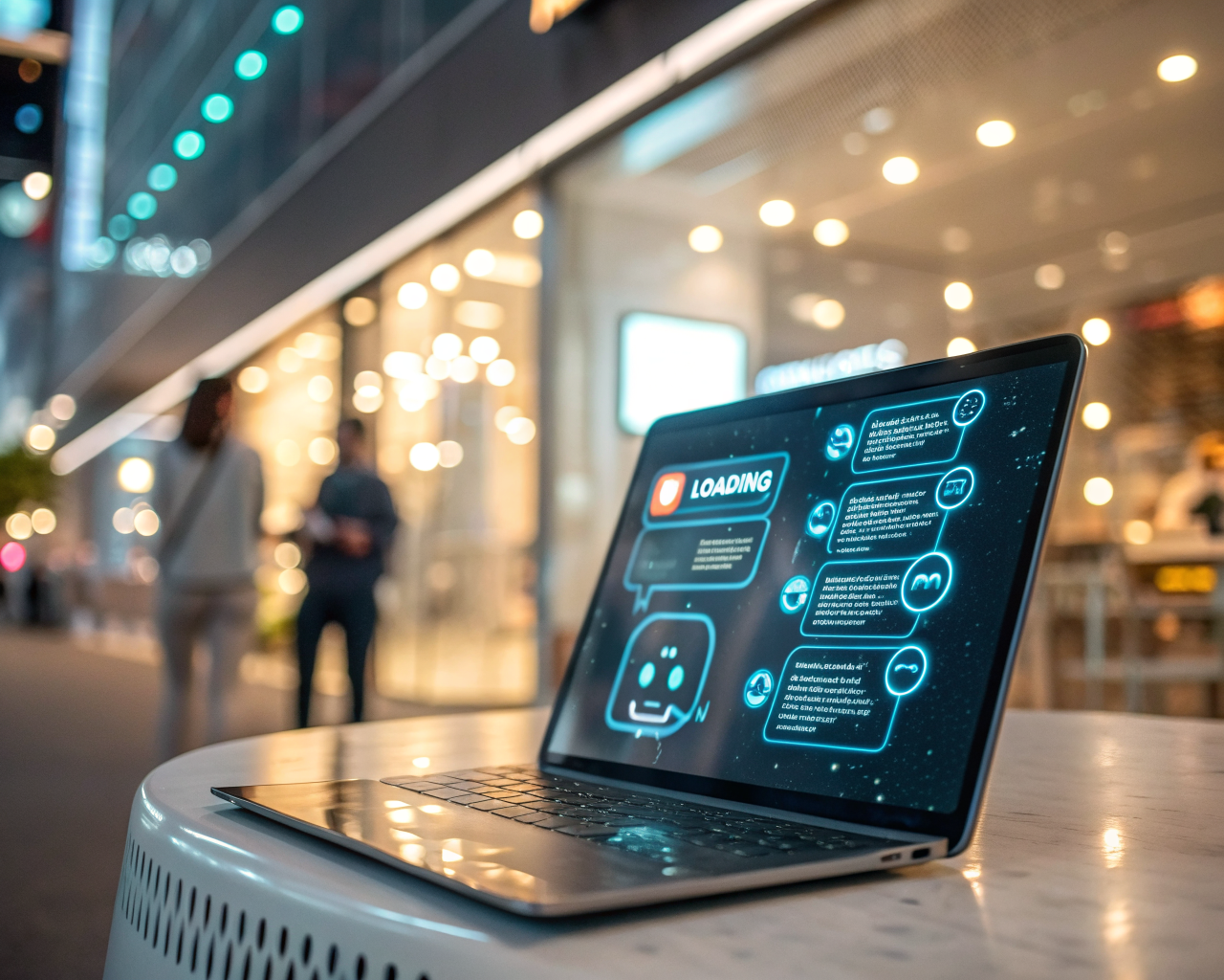Interfaz de chatbot futurista y brillante en la pantalla de un dispositivo digital, con burbujas de mensaje luminosas y símbolos tecnológicos, mientras el fondo desenfocado sugiere una tienda online; se aprecia un sutil gráfico de carga, mostrando asistencia digital avanzada.