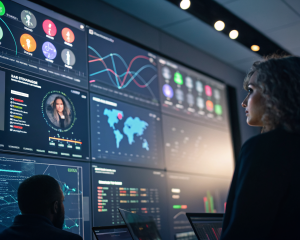 Primer plano de un panel de control digital impulsado por IA mostrando datos de segmentación de audiencia, con gráficos coloridos y avatares conectados por líneas digitales; fondo de sala de control iluminada con pantallas brillantes, sin personas reconocibles.