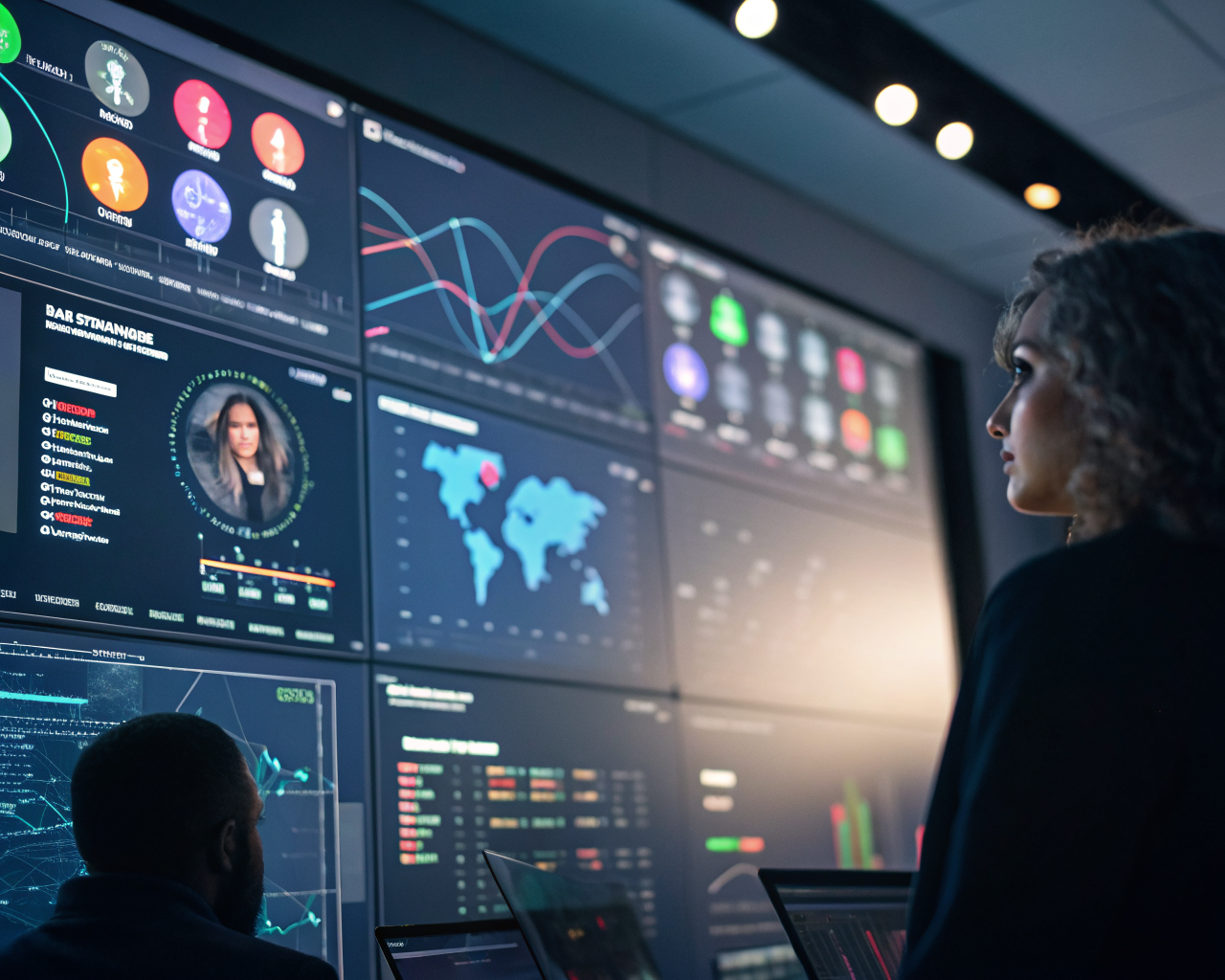 Primer plano de un panel de control digital impulsado por IA mostrando datos de segmentación de audiencia, con gráficos coloridos y avatares conectados por líneas digitales; fondo de sala de control iluminada con pantallas brillantes, sin personas reconocibles.