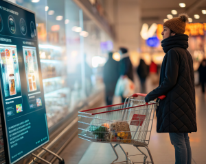 Interfaz digital de recomendaciones personalizadas impulsadas por inteligencia artificial en primer plano, con elementos brillantes y futuristas. De fondo se observa, desenfocado, un entorno virtual de compras en línea con carritos y productos, transmitiendo un ambiente innovador y tecnológico.