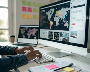 Un estratega digital de contenido trabaja rodeado de pantallas que muestran sitios web en diferentes idiomas, mapas y paneles de análisis en una oficina moderna. Sus manos están escribiendo en un teclado y se ven notas en papel y post-its de colores. El entorno transmite concentración y alcance global.