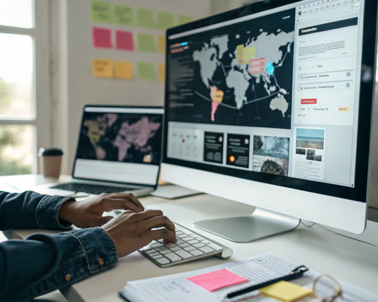 Un estratega digital de contenido trabaja rodeado de pantallas que muestran sitios web en diferentes idiomas, mapas y paneles de análisis en una oficina moderna. Sus manos están escribiendo en un teclado y se ven notas en papel y post-its de colores. El entorno transmite concentración y alcance global.