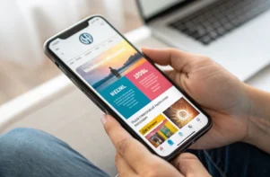mejores-practicas-wordpress-2025-optimizacion-de-sitios-carga-rapida-y-rendimiento-movil-para-un-seo-mobile-imbatible Primerísimo primer plano de un smartphone moderno mostrando en su pantalla un sitio web WordPress cargando rápidamente con colores vibrantes y gran nitidez. El fondo es minimalista y desenfocado, sugiriendo eficiencia tecnológica. Si hay manos sujetando el teléfono, son genéricas y sin rasgos distintivos.