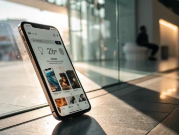 estrategias-y-mejores-practicas-para-optimizar-la-velocidad-de-carga-de-tu-tienda-en-linea-en-moviles-mejora-el-seo-movil-la-experiencia-de-usuario-y-aumenta-las-conversiones-en-tu-comercio-electron Teléfono inteligente moderno mostrando la pantalla de una tienda en línea con imágenes de productos nítidas y un icono de reloj que indica carga rápida; el dispositivo predomina en la imagen con sombras definidas y un fondo digital desenfocado. La imagen transmite velocidad y elegancia, manteniéndose limpia y sin distracciones.