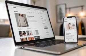 diseno-web-en-tiendas-online-tecnicas-de-optimizacion-ux-y-conversion-para-aumentar-la-retencion-y-mejorar-la-experiencia-del-usuario Primerísimo plano de una laptop y un móvil que muestran una interfaz moderna de ecommerce con detalles muy nítidos, sobre un escritorio minimalista y bien iluminado. Destaca la claridad de las imágenes de productos y menús, con un suave cursor luminoso y líneas sugerentes de flujo para transmitir interacción fluida. El estilo es elegante y minimalista.