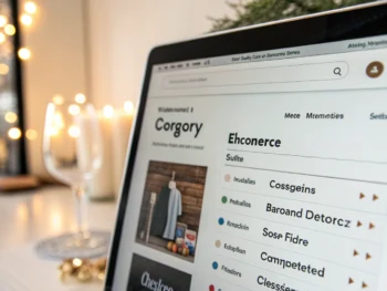como-organizar-la-estructura-de-categorias-y-optimizar-la-navegacion-web-en-tu-tienda-online-para-mejorar-la-experiencia-de-usuario-y-aumentar-conversiones Menú de navegación de un sitio ecommerce en primer plano con etiquetas de categorías legibles, botones desplegables definidos y un pequeño ícono de lupa para buscar, todo sobre un fondo digital minimalista y bien iluminado con efecto de resplandor suave.