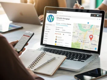 optimizacion-de-paginas-de-wordpress-para-audiencias-locales-mejores-plugins-seo-google-my-business-palabras-clave-y-estrategias-de-contenido-para-mejorar-el-posicionamiento-local Primer plano de una pantalla de computadora mostrando el panel de WordPress con plugins SEO local activos, rodeada de cuadernos y un smartphone con una ubicación en Google Maps visible. El fondo es un espacio de oficina moderno y desenfocado, destacando los detalles digitales de la interfaz web y los elementos de optimización en línea.