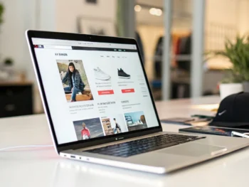 estrategias-para-acelerar-tu-tienda-woocommerce-y-mejorar-conversiones-optimizacion-de-velocidad-rendimiento-tienda-web-y-mejores-practicas Laptop moderna con acabado brillante mostrando una página web de e-commerce cargando rápidamente, con imágenes de productos nítidas y diseño minimalista; al fondo, un espacio de trabajo desenfocado. La composición usa colores vivos y destaca la eficiencia y velocidad de la carga, sin personas identificables.