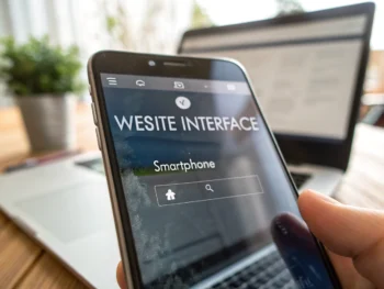 optimizacion-movil-mejores-practicas-de-diseno-web-responsivo-y-estrategias-ux-para-mejorar-la-experiencia-del-usuario-en-dispositivos-moviles Primer plano de un smartphone moderno con una interfaz web móvil simple y accesible en la pantalla, con botones grandes y texto legible. El fondo desenfocado muestra un escritorio minimalista con las siluetas de una laptop y una tableta, simbolizando compatibilidad entre dispositivos. El entorno está iluminado suavemente con luz natural.