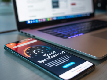 Smartphone moderno mostrando en su pantalla una web de WordPress optimizada y cargando rápidamente. El dispositivo iluminado con colores vibrantes se encuentra en el centro sobre un fondo de oficina tecnológica desenfocado, destacando un icono de velocímetro que simboliza velocidad y eficiencia. {{brizy_dc_image_alt entityId=